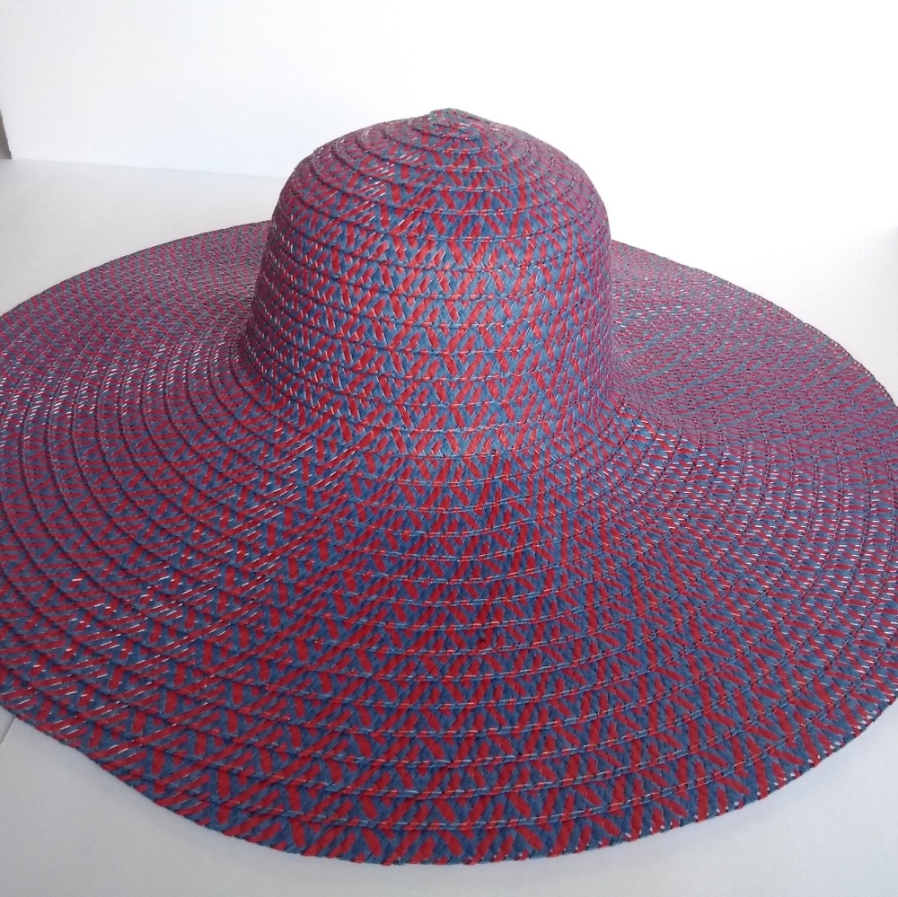 Blue/Red Sun Hat, Straw Summer Hat, Wide Brim Sun Hat, Floppy Foldable Straw Hat